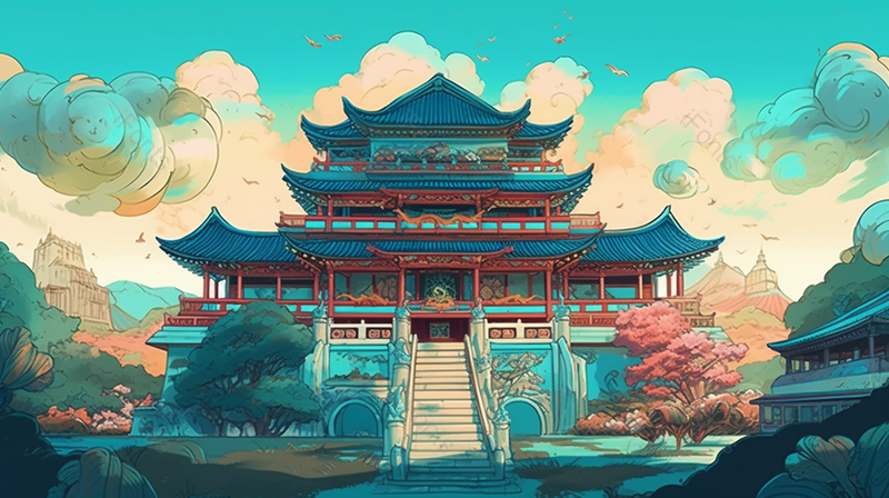 中国古代亭台楼阁绿色自然风景斗拱古建筑湖泊插画,插画/手绘图,插画/手绘图库,插画/手绘图下载,插画/手绘